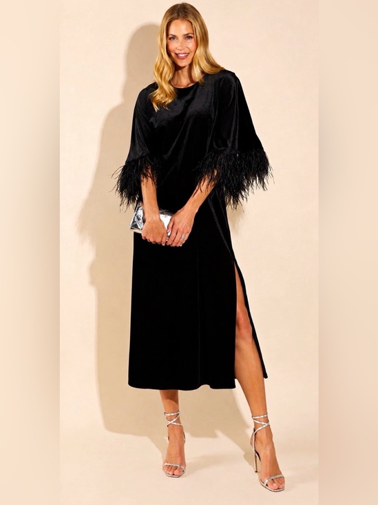 Jude Connally Dresses & Skirts - NWT Jude Connally Royce Black Stretch Velvet Feather Cuff Midi Dress sz. L